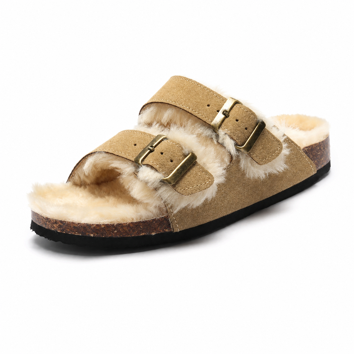 Fluffy Plush-Lined Cork Sandals – Light Brown