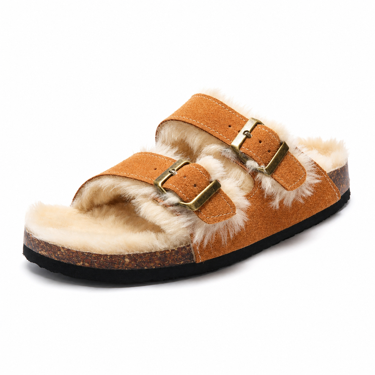 Fluffy Plush-Lined Cork Sandals – Orange