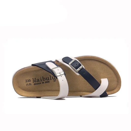 Milari Toe-Loop Cork Sandals – White & Blue