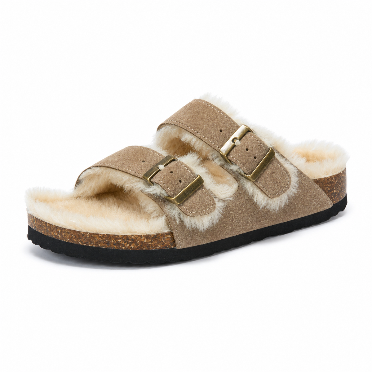 Fluffy Plush-Lined Cork Sandals – Sand