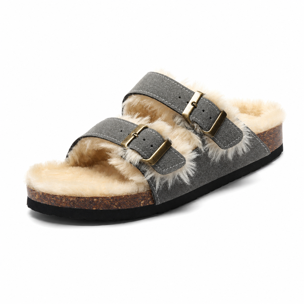 Fluffy Plush-Lined Cork Sandals – Grey