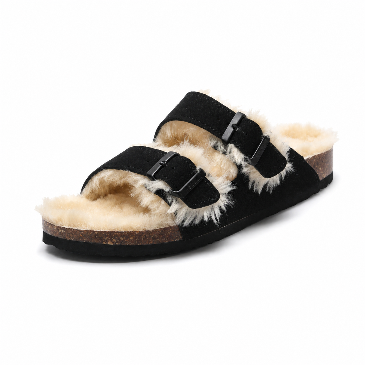 Fluffy Plush-Lined Cork Sandals – Black