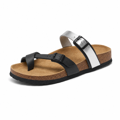 Milari Toe-Loop Cork Sandals – Black & Silver