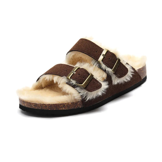 Fluffy Plush-Lined Cork Sandals – Dark Brown