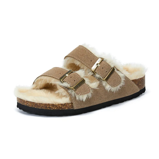Fluffy Plush-Lined Cork Sandals – Sand