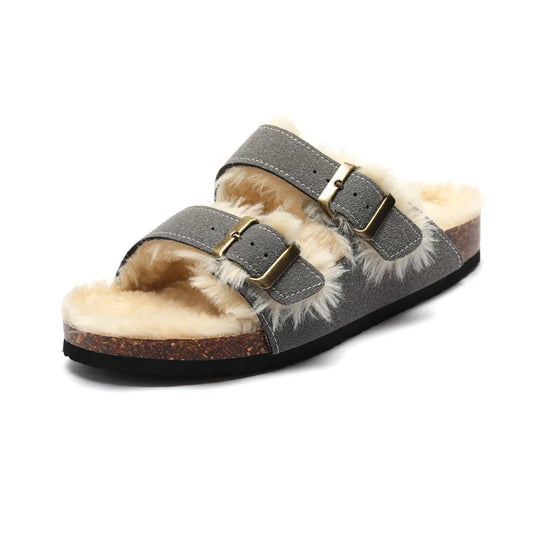 Fluffy Plush-Lined Cork Sandals – Grey