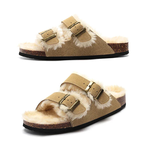 Fluffy Plush-Lined Cork Sandals – Light Brown