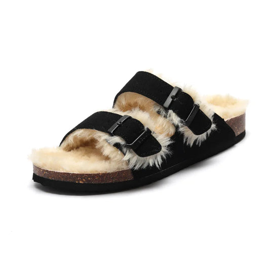Fluffy Plush-Lined Cork Sandals – Black