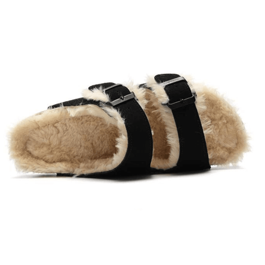 Fluffy Plush-Lined Cork Sandals – Black