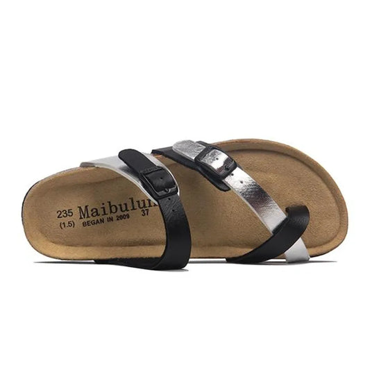 Milari Toe-Loop Cork Sandals – Black & Silver