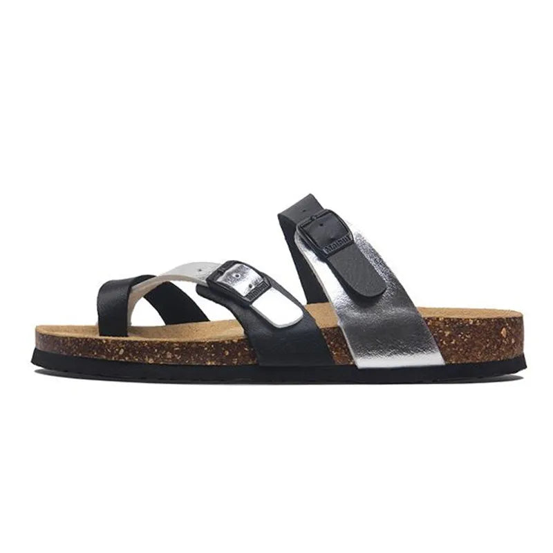 Milari Toe-Loop Cork Sandals – Black & Silver