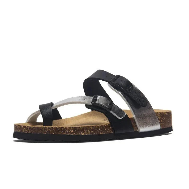 Milari Toe-Loop Cork Sandals – Black & Silver