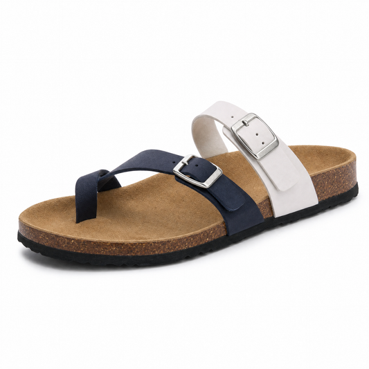 Milari Toe-Loop Cork Sandals – White & Blue