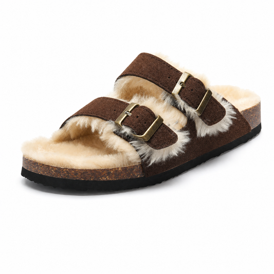 Fluffy Plush-Lined Cork Sandals – Dark Brown