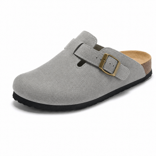 Boston Suede Comfort Clogs – Light Grey